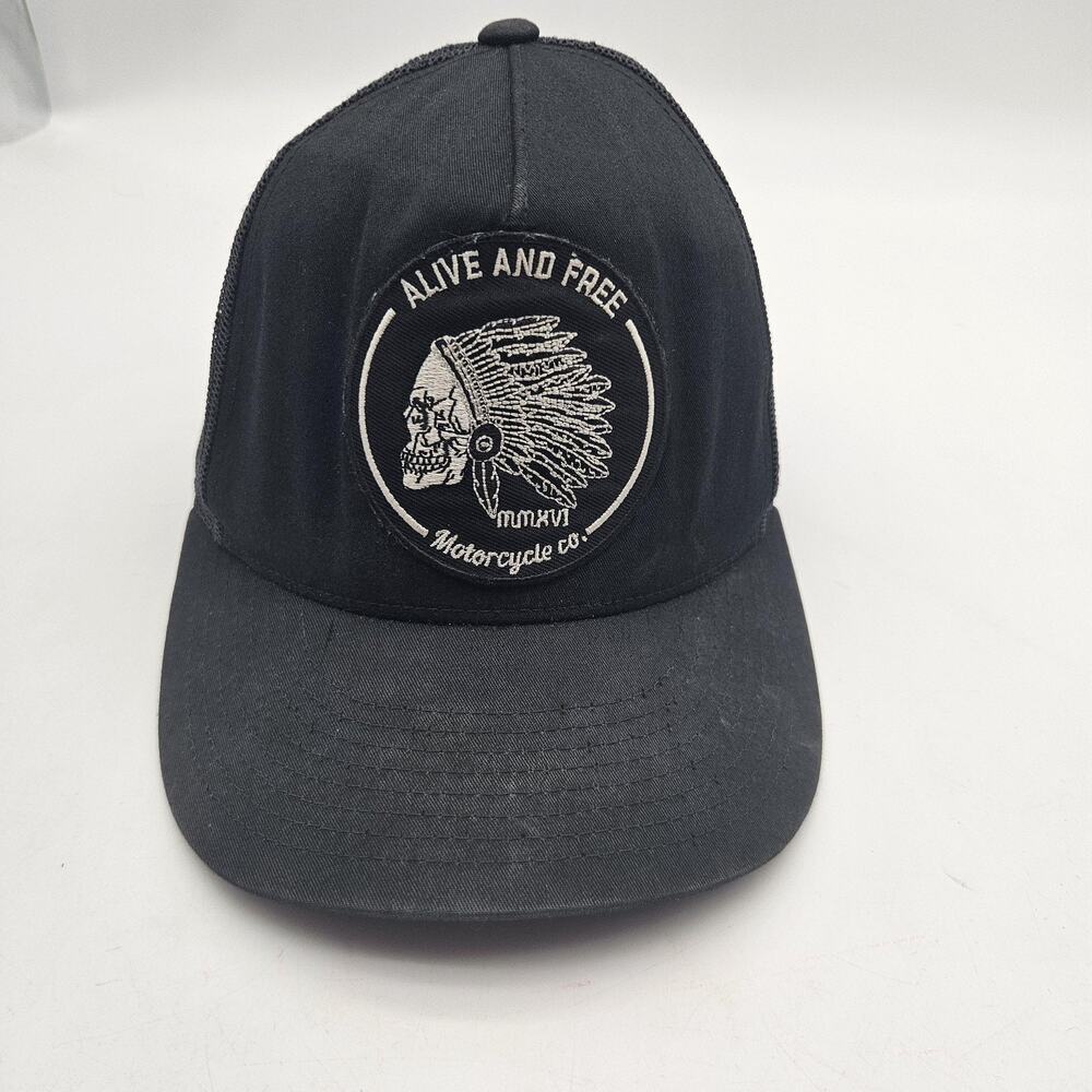 INDIAN Motorcycle Co Hat Cap Snap Back Black Trucker Patch Mesh Mens Alive Free